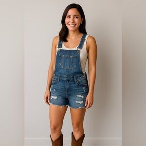 Bethany Mota Distressed Denim Short Overalls – Size XS